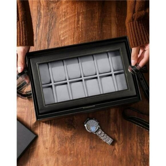 Men's Watch Box Case Organizer Large Black Leather 2 Layer 12 slot Gift for Men - Picture 4 of 5